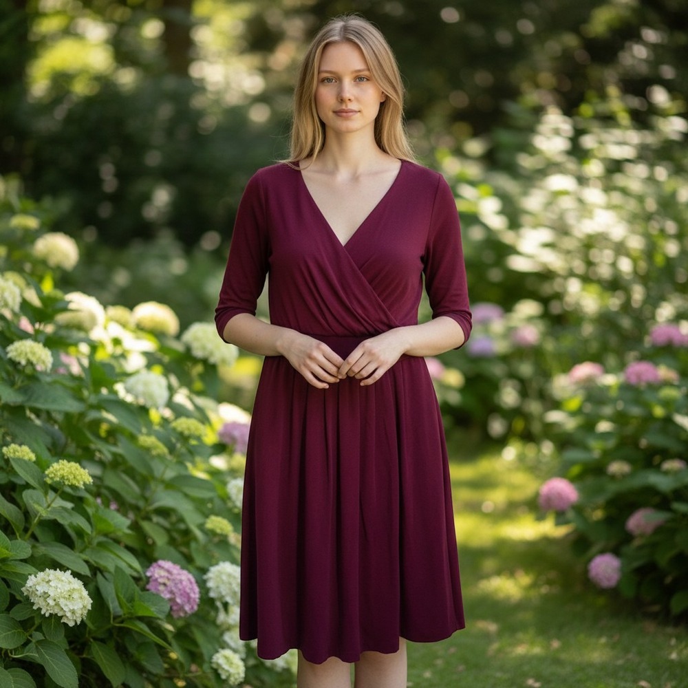 Lands' End Fit and Flare Dress Women S Burgundy V-Neck Pleated Classic Modest